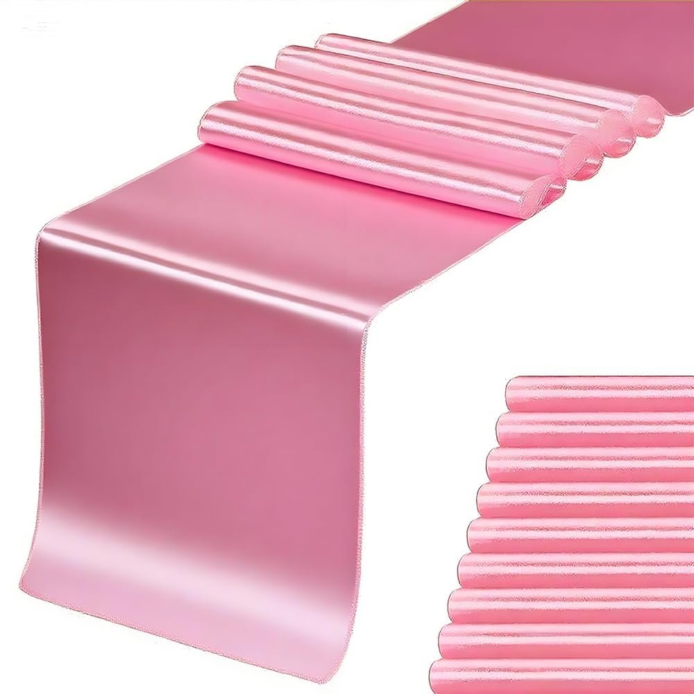 Satin Pink Table Runners 10 Pack, 12 x 108 Inches Long, 100% Polyester, for Wedding Party Gender Reveal Birthday Table Restaurant Decor