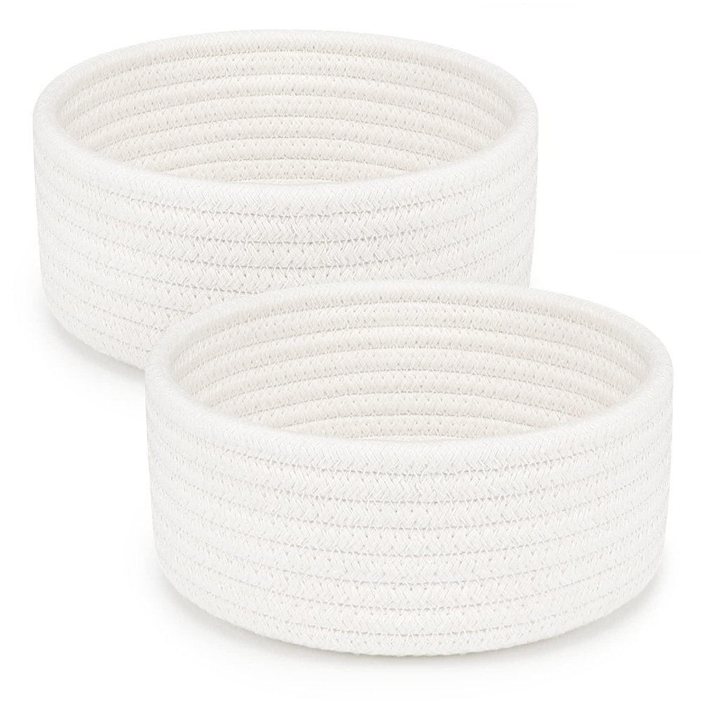 ABenkle 2 Pack Small Baskets, Cotton Rope Woven Basket, Cute Mini Tiny Storage Baskets, Decorative Boho Basket for Nursery Living Room Bedroom Shelf, Empty Gift Baskets for Mother's Day - White