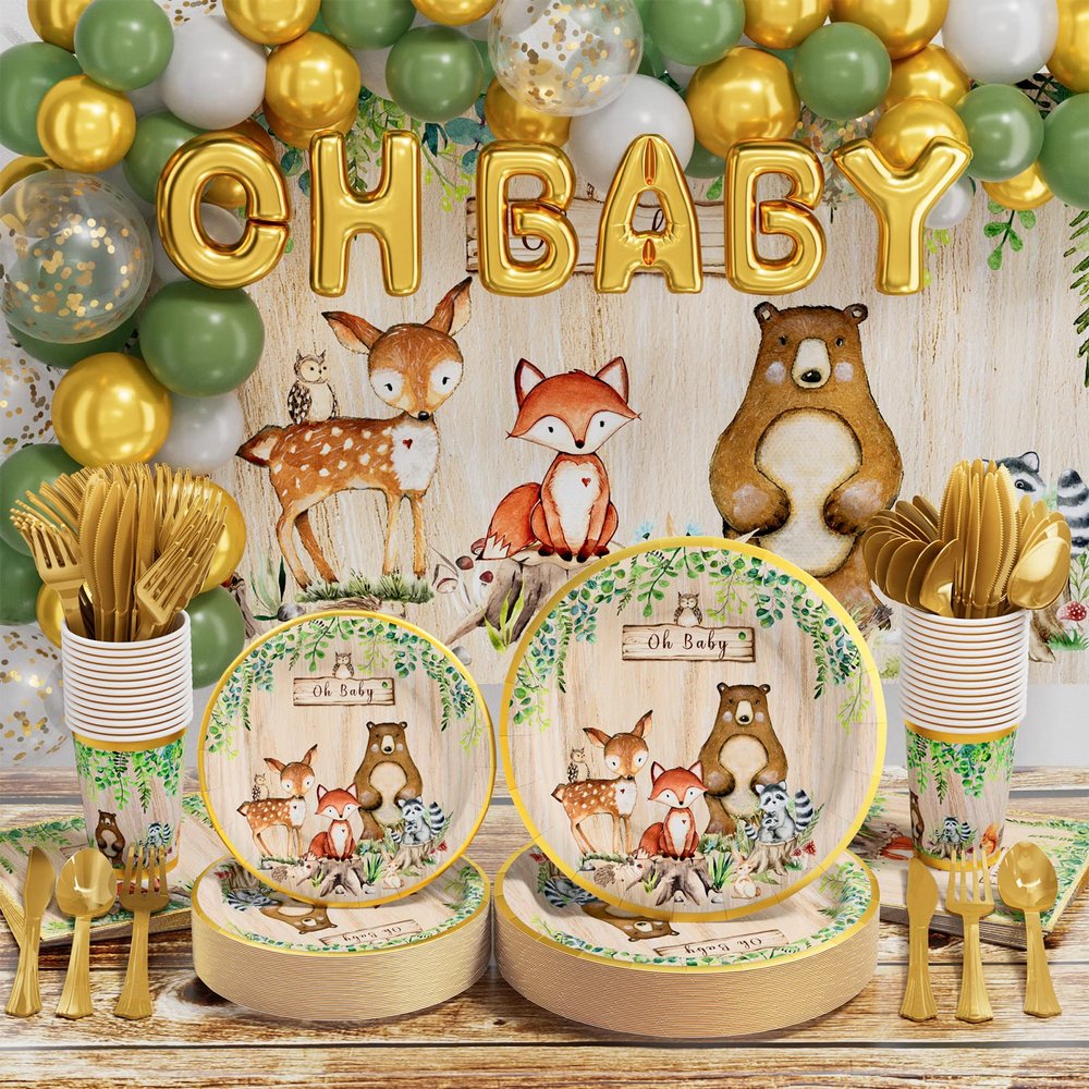 Ecomore Woodland Baby Shower Party Supplies Boy Girl Gender Reveal Decorations 247 PCS Forest Animal Birthday & Disposable Dinnerware Set (25 Guest) with Paper Plates Cup Backdrop Balloon Garland Kit