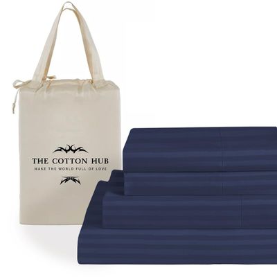 Grand King Size 4-Piece Sheet Set - Hotel Luxury 400-Thread-Count Egyptian Cotton Extra Soft Bed Sheets - Deep Pocket fits up to 18-21 inch Mattress (Stripe, Navy Blue)