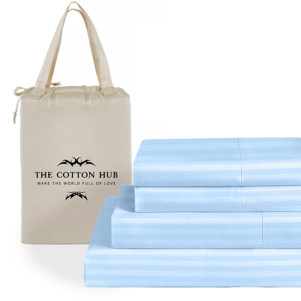 Grand King Size 4-Piece Sheet Set - Hotel Luxury 400-Thread-Count Egyptian Cotton Extra Soft Bed Sheets - Deep Pocket fits up to 18-21 inch Mattress (Stripe, Light Blue)