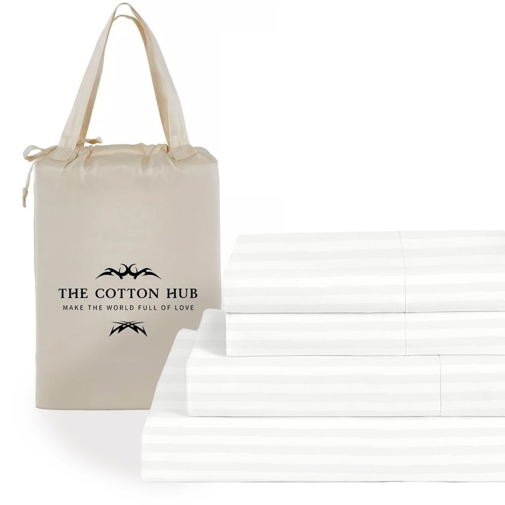 Alaska King Size 4-Piece Sheet Set - Hotel Luxury 400-Thread-Count Egyptian Cotton Extra Soft Bed Sheets - Deep Pocket fits up to 18-21 inch Mattress (Stripe, White)