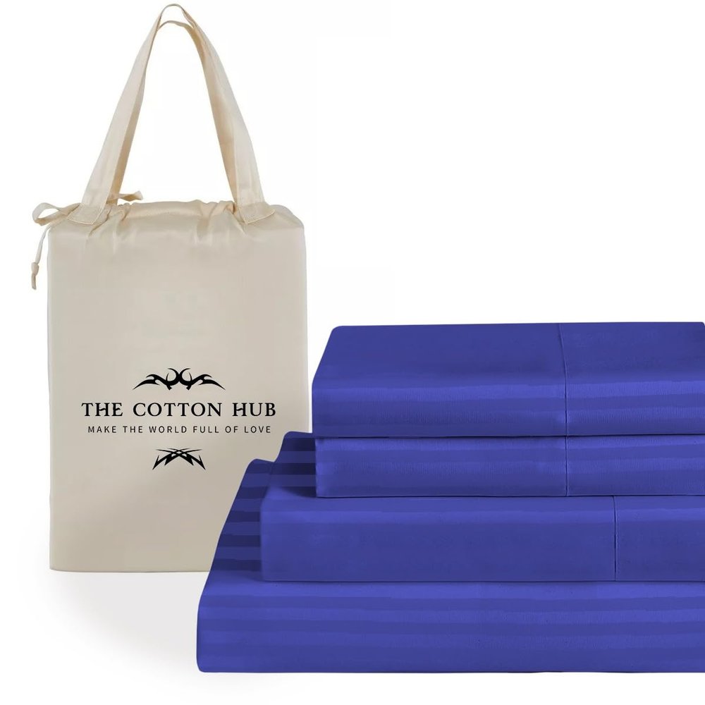 Grand King Size 4-Piece Sheet Set - Hotel Luxury 400-Thread-Count Egyptian Cotton Extra Soft Bed Sheets - Deep Pocket fits up to 18-21 inch Mattress (Stripe, Royal Blue)