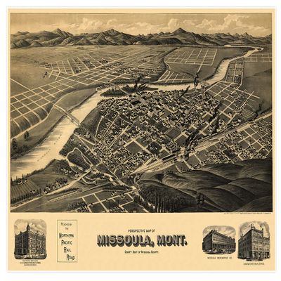 Missoula Montana Panoramic Bird's Eye View Map by the American Publishing Co. circa 1891 - available in 16 x 24 inches and 24 x 36 inches (24 x 36 inches)