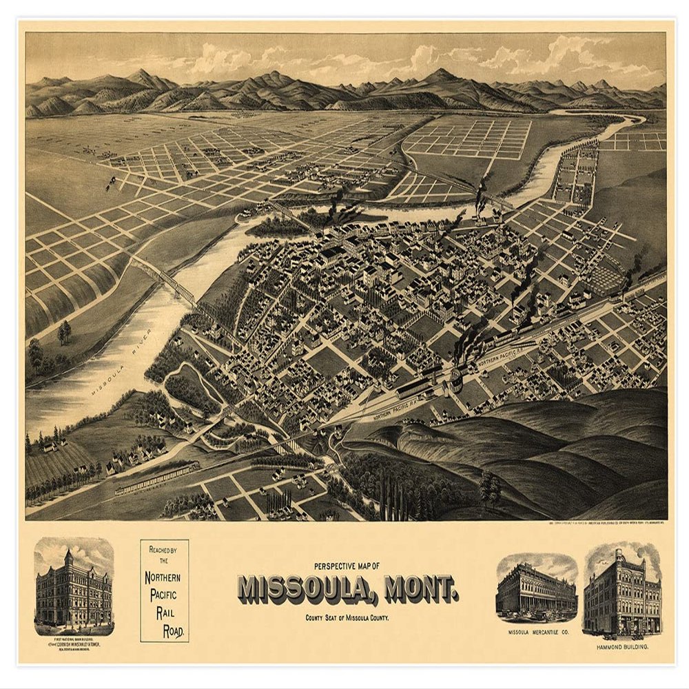 Missoula Montana Panoramic Bird's Eye View Map by the American Publishing Co. circa 1891 - available in 16 x 24 inches and 24 x 36 inches (24 x 36 inches)
