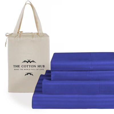 Alaska King Size 4-Piece Sheet Set - Hotel Luxury 400-Thread-Count Egyptian Cotton Extra Soft Bed Sheets - Deep Pocket fits up to 18-21 inch Mattress (Stripe, Royal Blue)