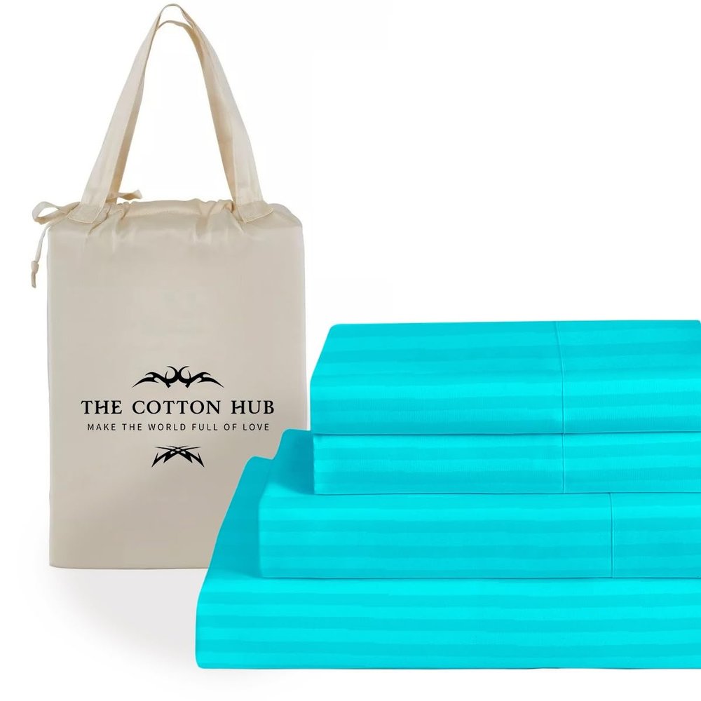 Alaska King Size 4-Piece Sheet Set - Hotel Luxury 400-Thread-Count Egyptian Cotton Extra Soft Bed Sheets - Deep Pocket fits up to 18-21 inch Mattress (Stripe, Turquoise)