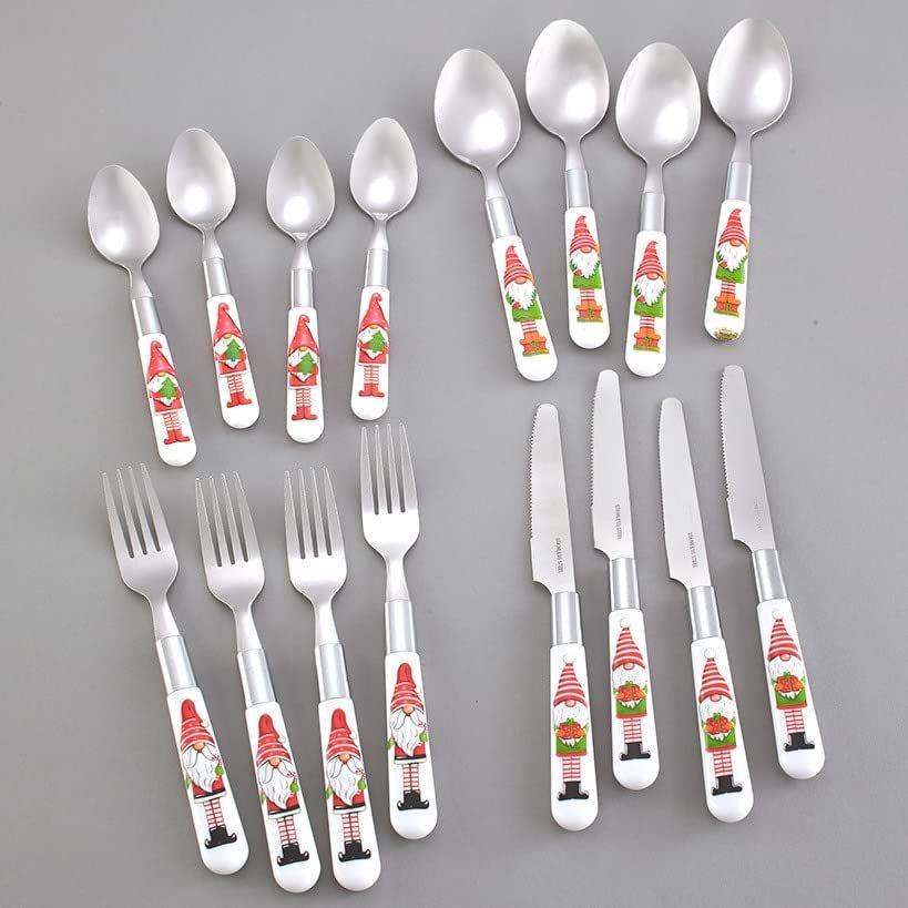 Christmas Flatware Set - Gnome Eating Utensils for Holiday Dinner - Set of 16