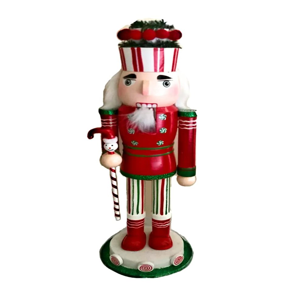 Candyland Candy Cane Gentleman Handmade Wooden Nutcracker White Red Medium