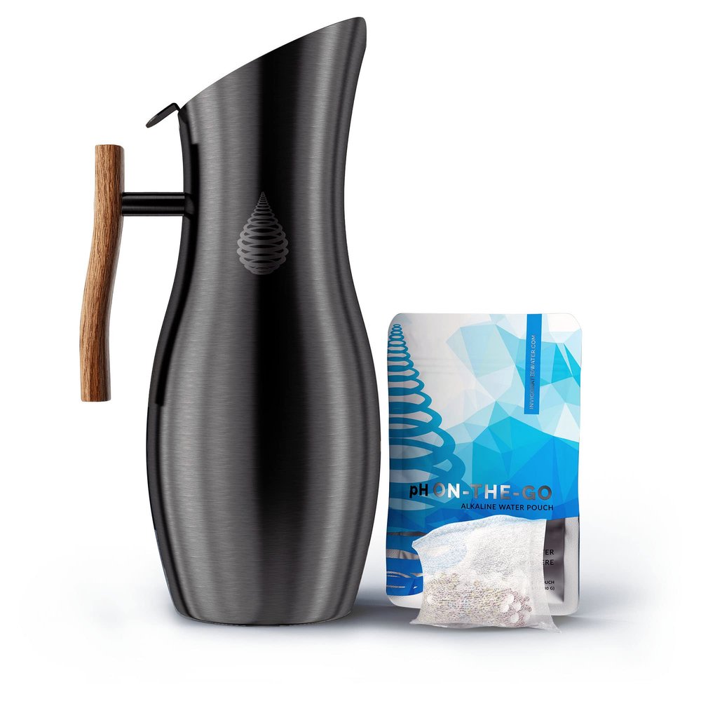 Invigorated Water pH Vitality Stainless Steel Alkaline Water Filter Pitcher - High pH Water Purifier with 1 Alkalizer Filter Pouch (400-Liter Capacity), 8-Cup (1.9L, Black)