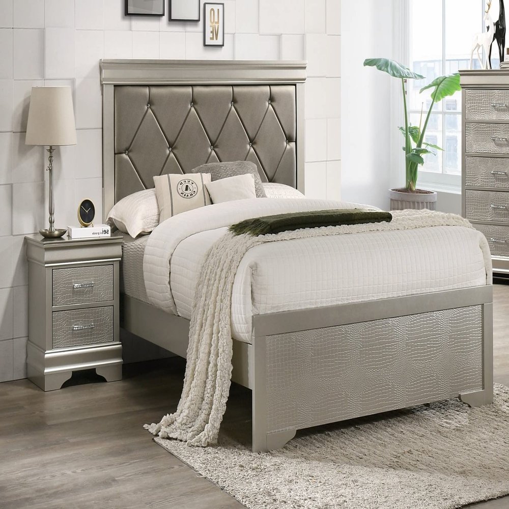 Esofastore 3Pc Silver Finish Twin Size Panel Upholstered Button Tufted Headboard Bed Nightstand Set Wooden Bedroom Furniture