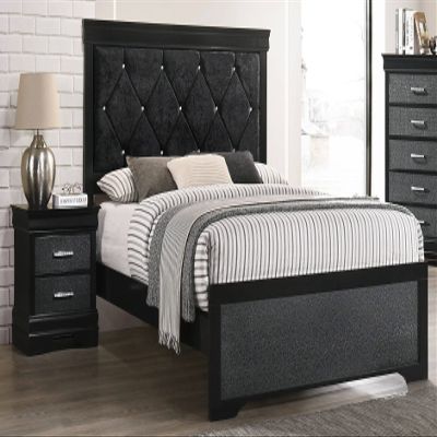 Esofastore 3Pc Black Finish Full Size Panel Upholstered Button Tufted Headboard Bed Nightstand Set Wooden Bedroom Furniture