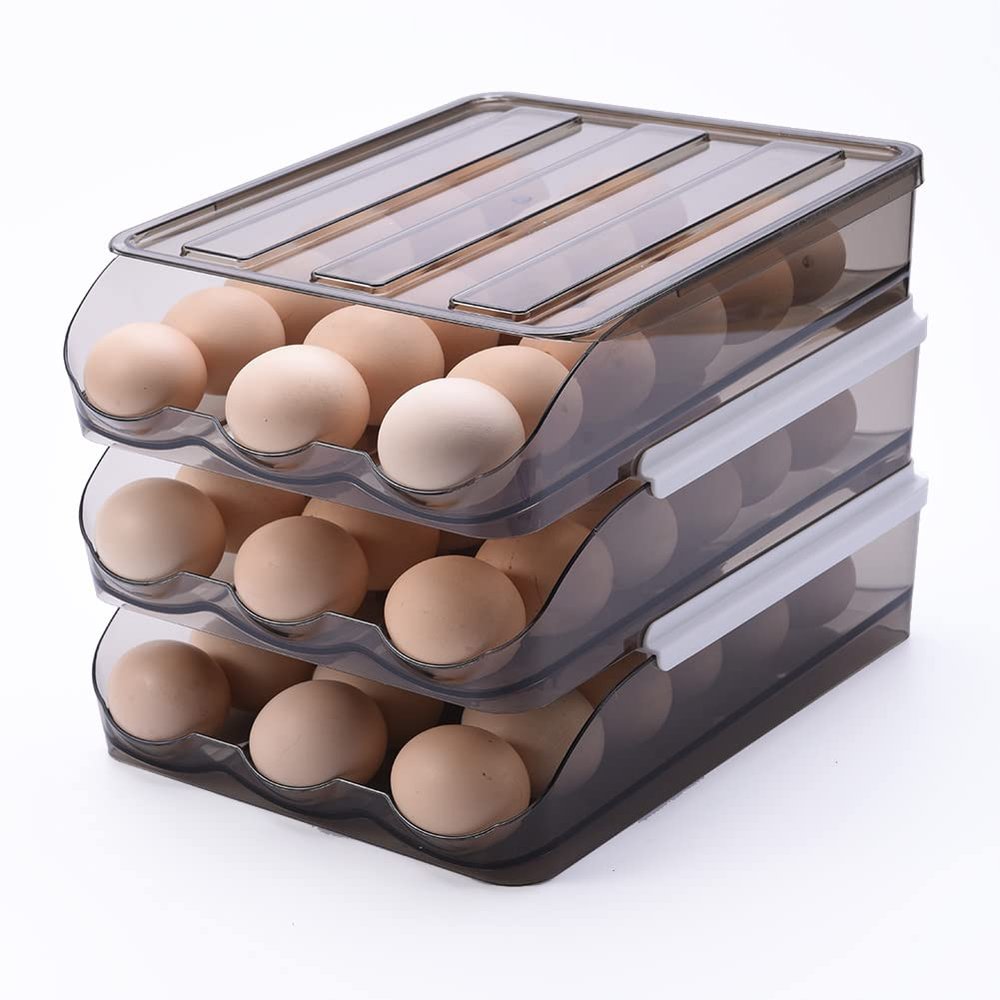 OnDisplay Stackable Acrylic Gravity Egg Tray Holder for Fridge - Food-Safe PET Refrigerator Storage Bin for Eggs (Brown, Set of 3 Trays)