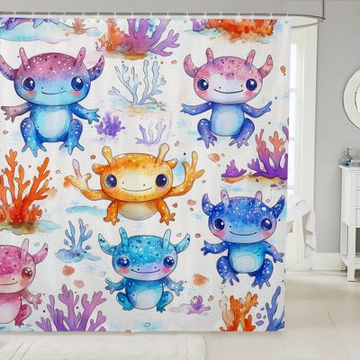 Cartoon Axolotl Shower Curtain for Kids Boys Girls Bathtubs Decor,Kawaii Axolotl Waterproof Bath Curtain Ocean Sealife Reptiles Fish Bathroom Accessories Coastal Sea Stalls 12 Hooks,72x72,Purple