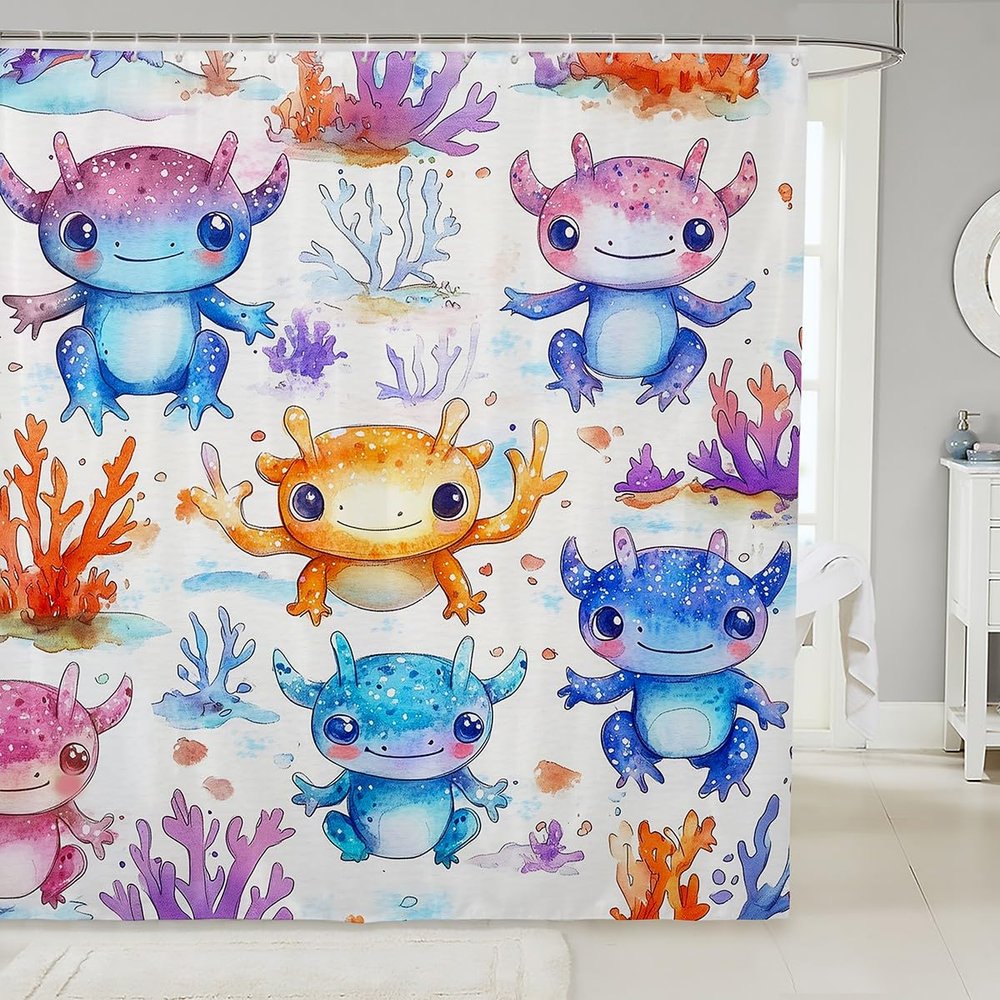 Cartoon Axolotl Shower Curtain for Kids Boys Girls Bathtubs Decor,Kawaii Axolotl Waterproof Bath Curtain Ocean Sealife Reptiles Fish Bathroom Accessories Coastal Sea Stalls 12 Hooks,72x72,Purple