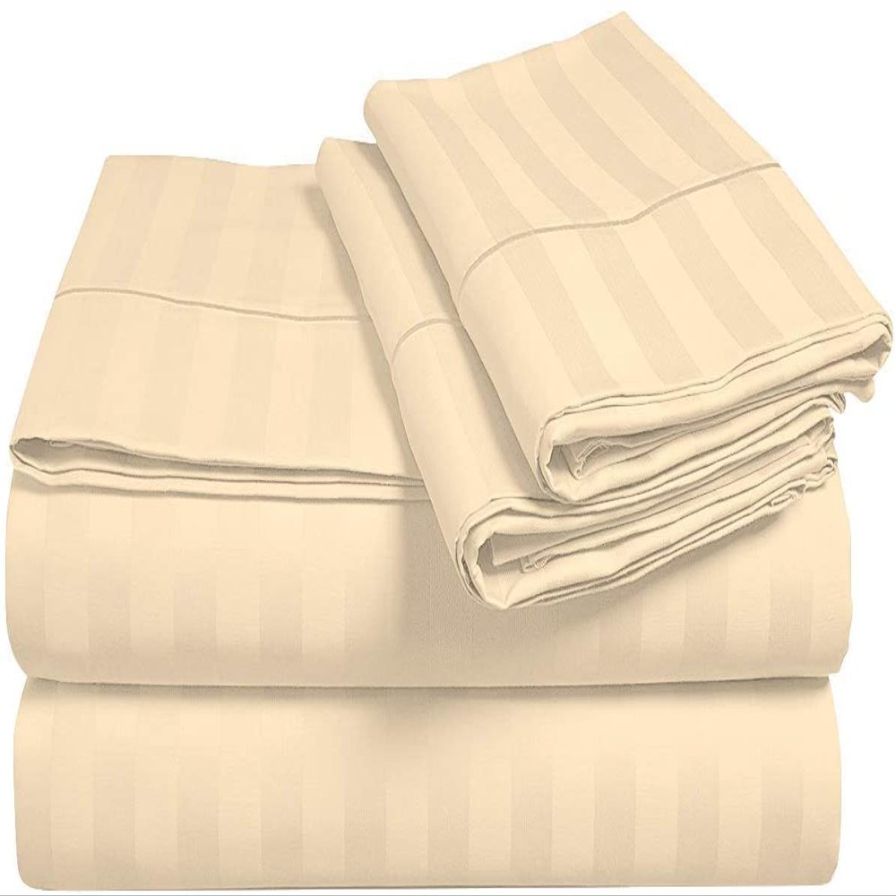 6 Piece 100% Cotton Bed Sheet & Pillowcases Set, Cal-King-Ivory Stripe Sheets Set Includes 4 Pillowcases, 1 Flat, 1 Fitted Premium Quality Bedding Set All Around Easy Fits Upto 18" Deep Pockets