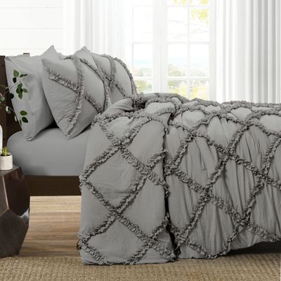 3 Piece Cross Diamond Ruffle Duvet Cover with Zipper & Corner Ties 1000 Thread Count 100% Egyptian Cotton Premium Hotel Class Decorative Bedding Luxurious Quality (Oversized King 120" x 98", Silver)