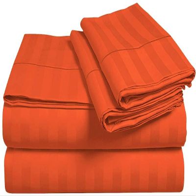 6 Piece 100% Cotton Bed Sheet & Pillowcases Set, Full XL-Orange Stripe Sheets Set Includes 4 Pillowcases, 1 Flat, 1 Fitted Premium Quality Bedding Set All Around Easy Fits Upto 18" Deep Pockets