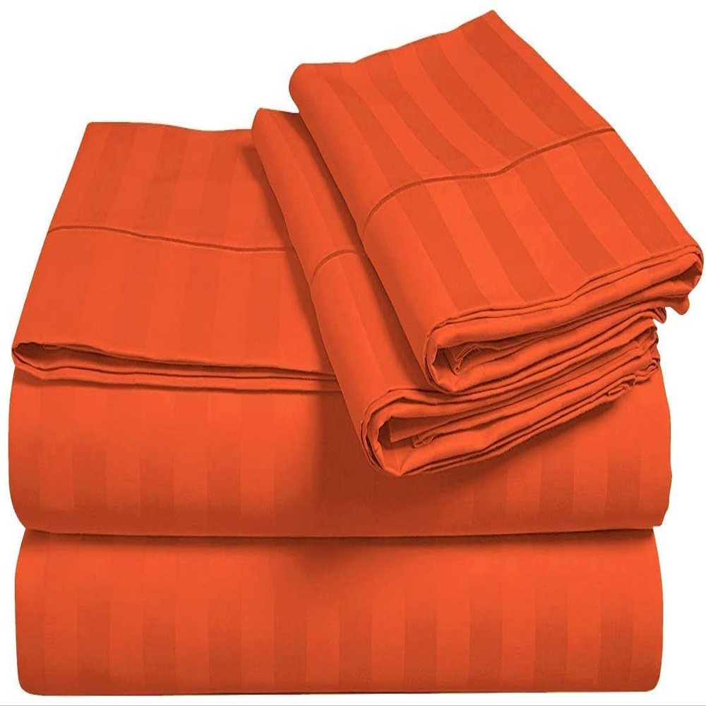 6 Piece 100% Cotton Bed Sheet & Pillowcases Set, Full XL-Orange Stripe Sheets Set Includes 4 Pillowcases, 1 Flat, 1 Fitted Premium Quality Bedding Set All Around Easy Fits Upto 18" Deep Pockets