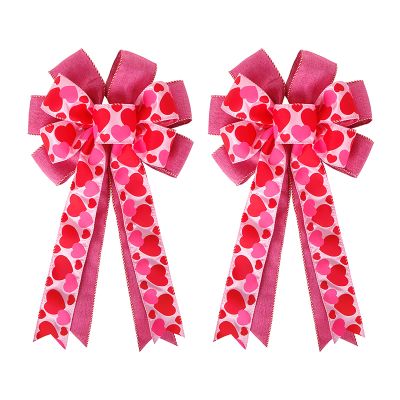 2Pack Large Red Pink Heart Burlaop Bows Love Printed Valentine's Day Wreath Bow Gift Bows Tree Topper for Valentine's Day Wedding Mother's Day Front Door Wreath Home Outdoor Decorations