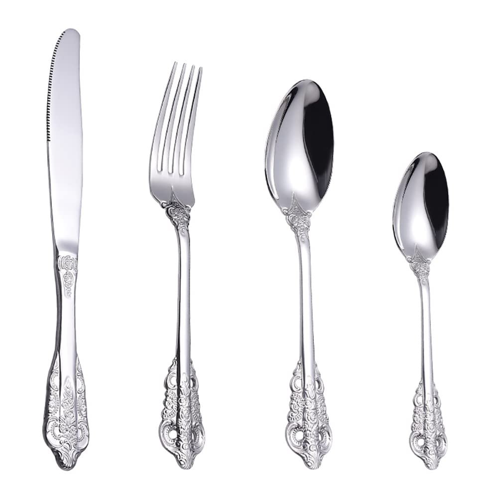72 Pieces Gorgeous Silver Flatware Sets, Heavy Tableware Antique Silver Flatware Set, 18/10 Stainless Steel Cutlery, Antique Silver-plated Cutlery Set for 18 (72pcs, silver)