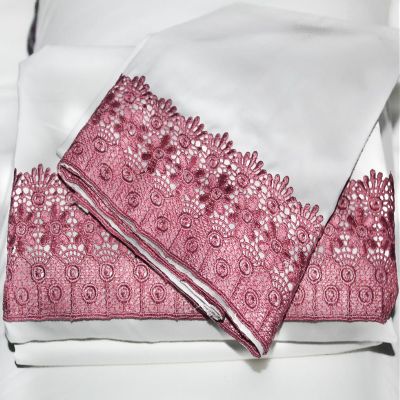 Cotton Culture Bed Crochet Lace Set - Short Queen Size Cotton 4 PC's Sheet Set with Crochet Lace - 600 Thread Count 100% Cotton Sheets - Fits Mattress Upto 18" Drop - Wrinkle Free, Plum/White