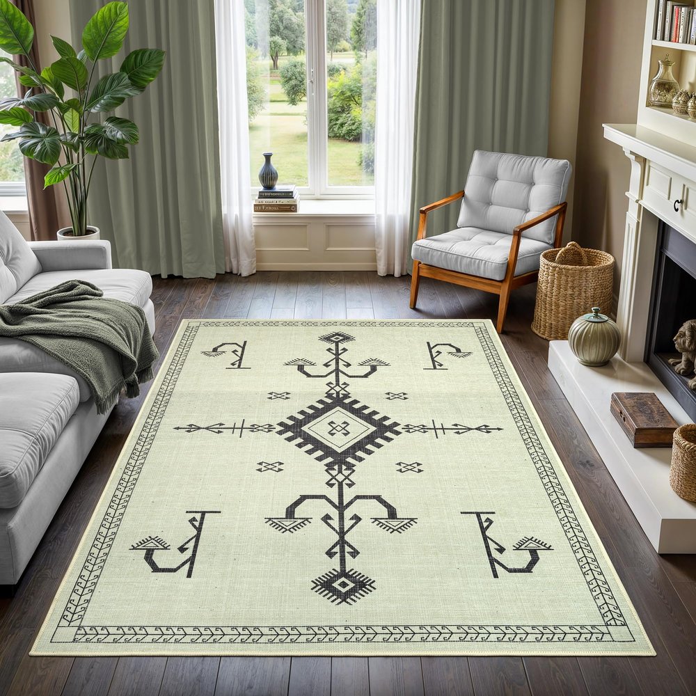 GLN Rugs Contemporary Collection - Machine Washable Area Rug, Contemporary Washable, Non Slip, Low Pile Chenille Rug, Living Room, Bedroom, Kitchen Rug (8' x 10' Cream/Anthracite)