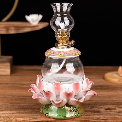 24.8cm Ceramic Lotus Lamp Windproof Butter Lamp Glass Oil Lamp Buddha Household Lamps