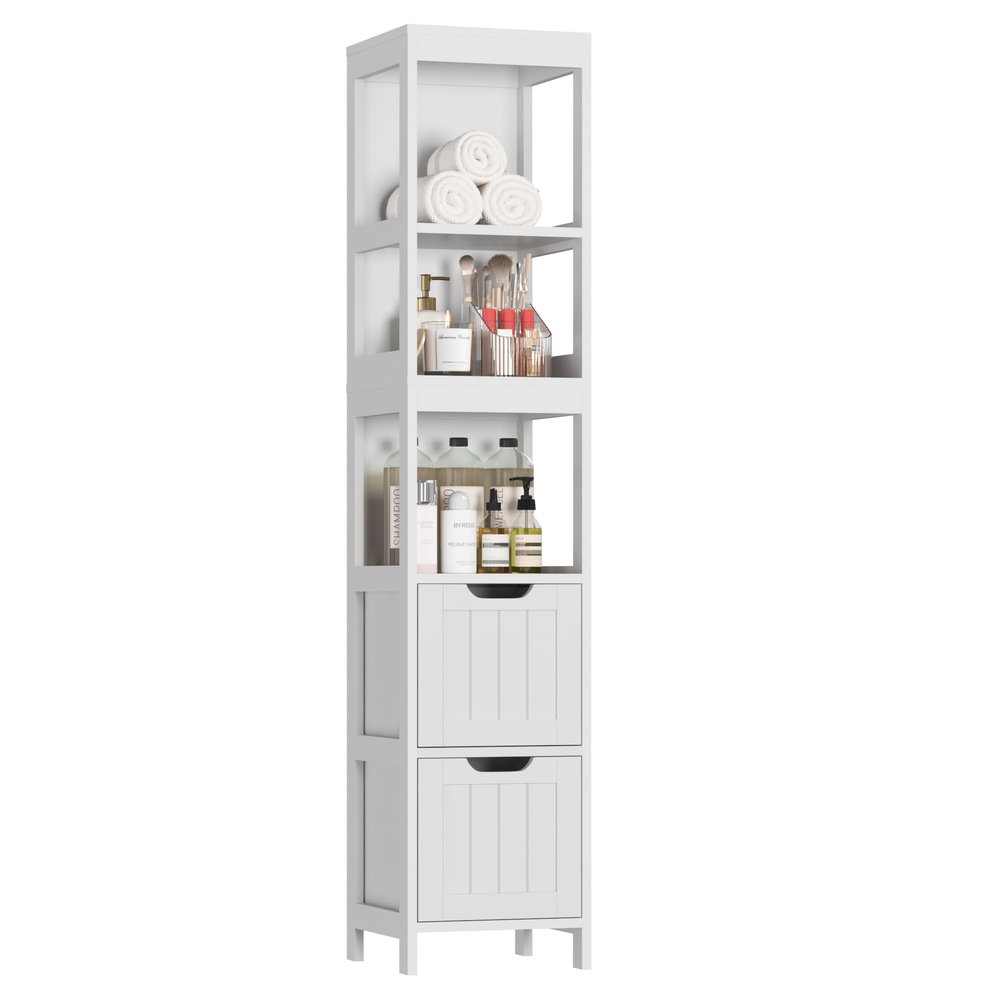 HOMEFORT Bathroom Storage Cabinet, Slim Tall Cabinet, Narrow Floor Cabinet Organizer, Wooden Linen Tower with 2 Drawers and 3 Shelves, Freestanding Cupboard White