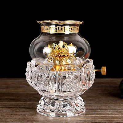 Lithx Lotus Lamp Oil Lamps for Indoor Use, Crystal Glass Lotus Light Holder Lantern Kerosene Lamp Home Buddha Front Lights Buddhism Home Temple Supplies (Color : Clear)