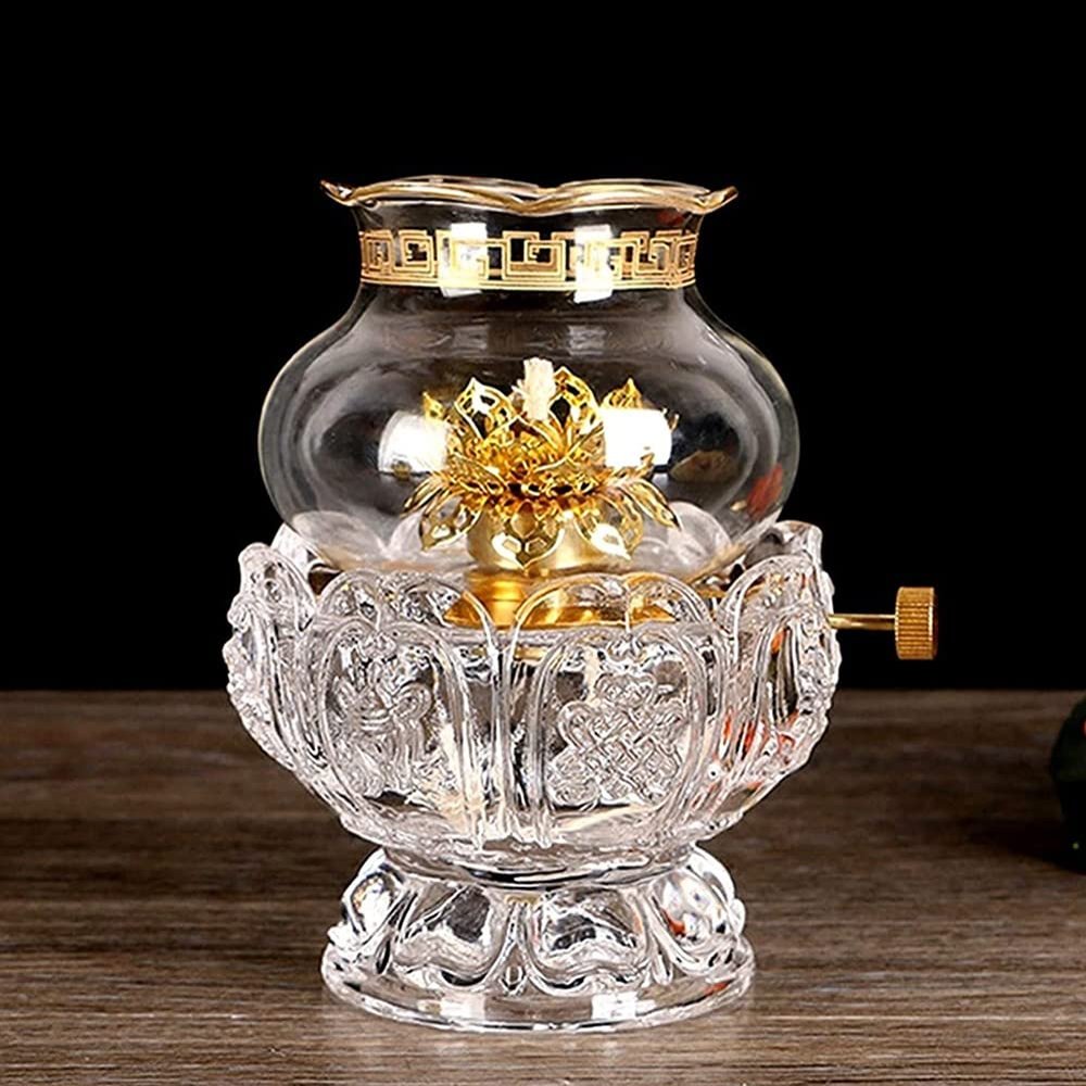 Lithx Lotus Lamp Oil Lamps for Indoor Use, Crystal Glass Lotus Light Holder Lantern Kerosene Lamp Home Buddha Front Lights Buddhism Home Temple Supplies (Color : Clear)