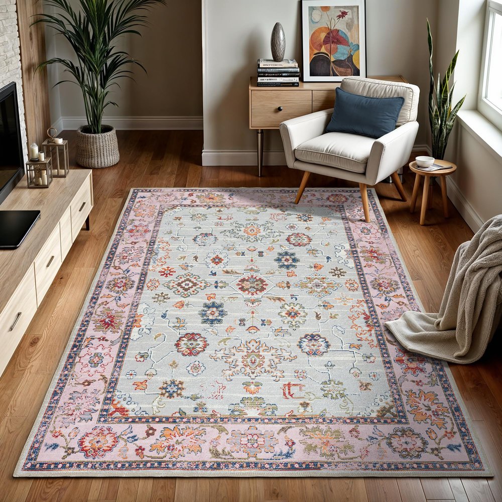GLN Rugs Traditional Collection - Machine Washable Area Rug, Traditional Washable, Non Slip, Low Pile Chenille Rug, Living Room, Bedroom, Kitchen Rug (3' x 5' Pink/Blue/Multicolor)