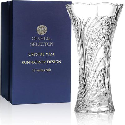 CS Crystal Vase 12-inch high, Sunflower Design, for Flowers & Decor. Lovely Nice Shiny Piece. Perfect as a Gift, Suitable for All Occasions.