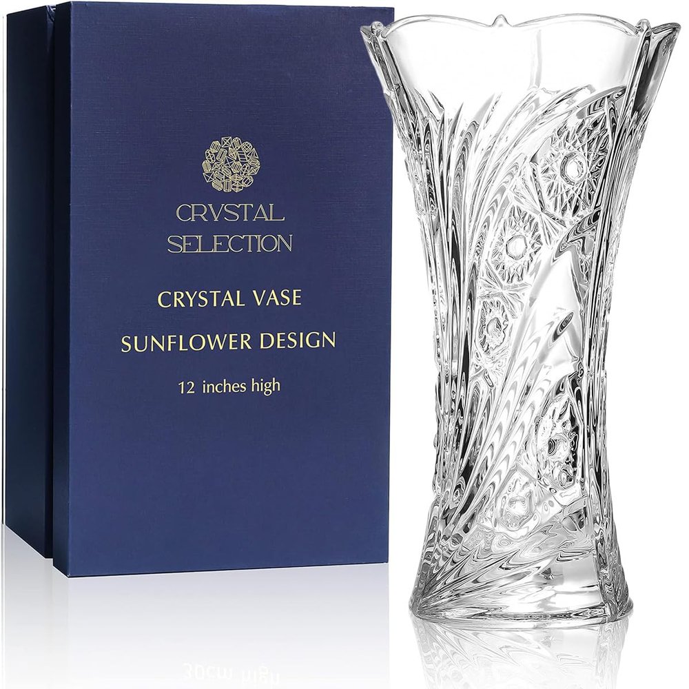 CS Crystal Vase 12-inch high, Sunflower Design, for Flowers & Decor. Lovely Nice Shiny Piece. Perfect as a Gift, Suitable for All Occasions.