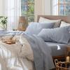 MooMee Bedding Sheet Set 100% Washed Cotton Linen Like Textured Breathable Durable Soft Comfy (Heathered Cornflower Blue, Queen) view 1