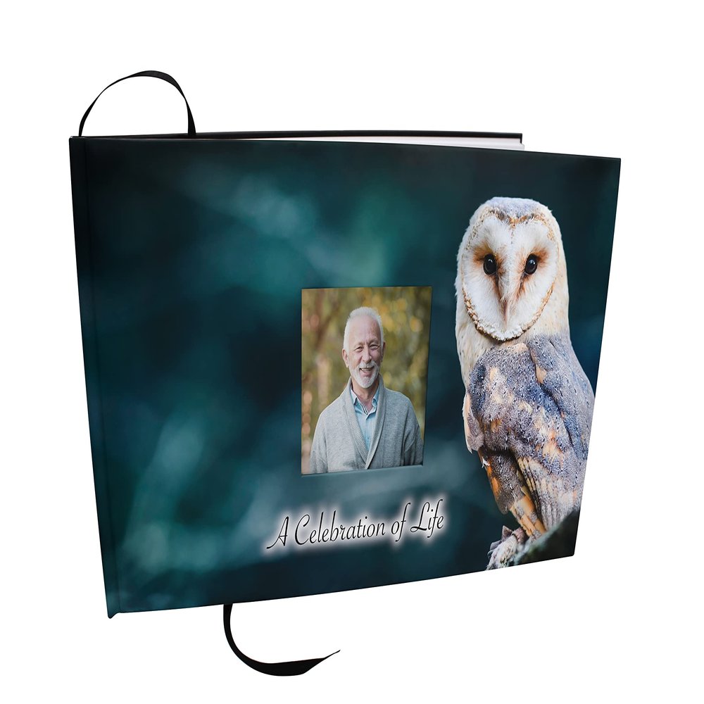 COMMEMORATIVE CREMATION URNS Owl Photo Funeral Guest Book for Memorial Service and Celebration of Life Guest Book for Memorial Service - Beautiful & Vibrant Sign in Book for Funeral