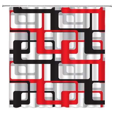 Abstract Geometric Shower Curtain Red Black Gray Geometry Pattern Modern Mid Century Abstract Contemporary Creative Pattern Fabric Bathroom Decor Set with Hooks(67" Wx70 H)