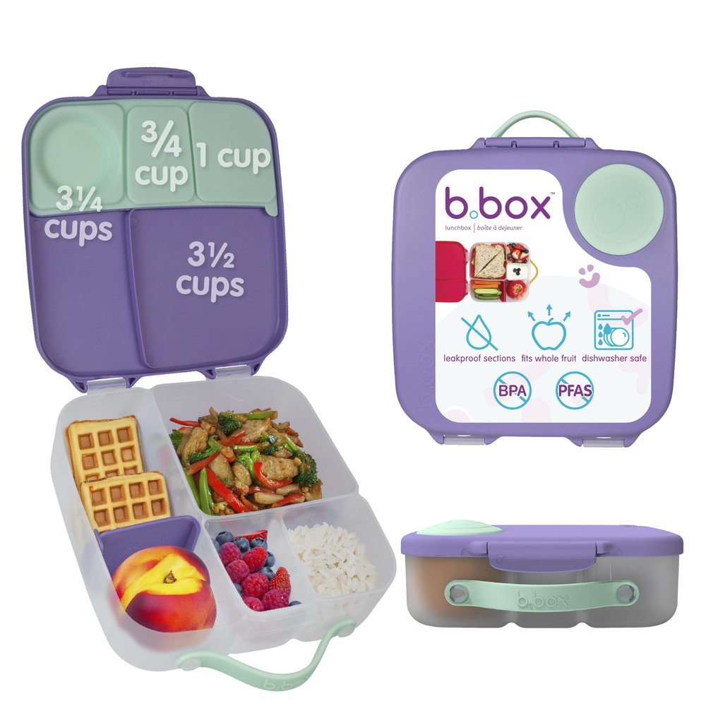 b.box Lunch Box for Big Eaters All Ages - 8.5 Cup Leak Proof Bento Box with 4 Compartments, School Lunch Container with Ice Pack, Dishwasher Safe, BPA-Free, PFAS-Free - Lilac Pop
