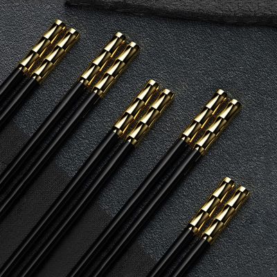 5 Pairs Premium Alloy Chopsticks Chinese Style "Step by Step to Rise" Chopsticks, Home Hotel Tableware Non-slip Chopstick,Dishwasher Safe,Reusable Metal Tableware-Golden+Black