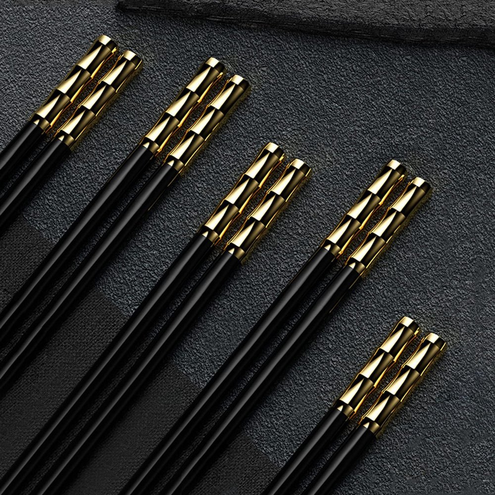 5 Pairs Premium Alloy Chopsticks Chinese Style "Step by Step to Rise" Chopsticks, Home Hotel Tableware Non-slip Chopstick,Dishwasher Safe,Reusable Metal Tableware-Golden+Black