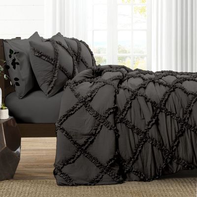 5 Piece Cross Diamond Ruffle Duvet Cover with Zipper & Corner Ties 1000 Thread Count 100% Egyptian Cotton Premium Hotel Class Decorative Bedding Quality (Oversized King 120" x 98", Dark Grey)