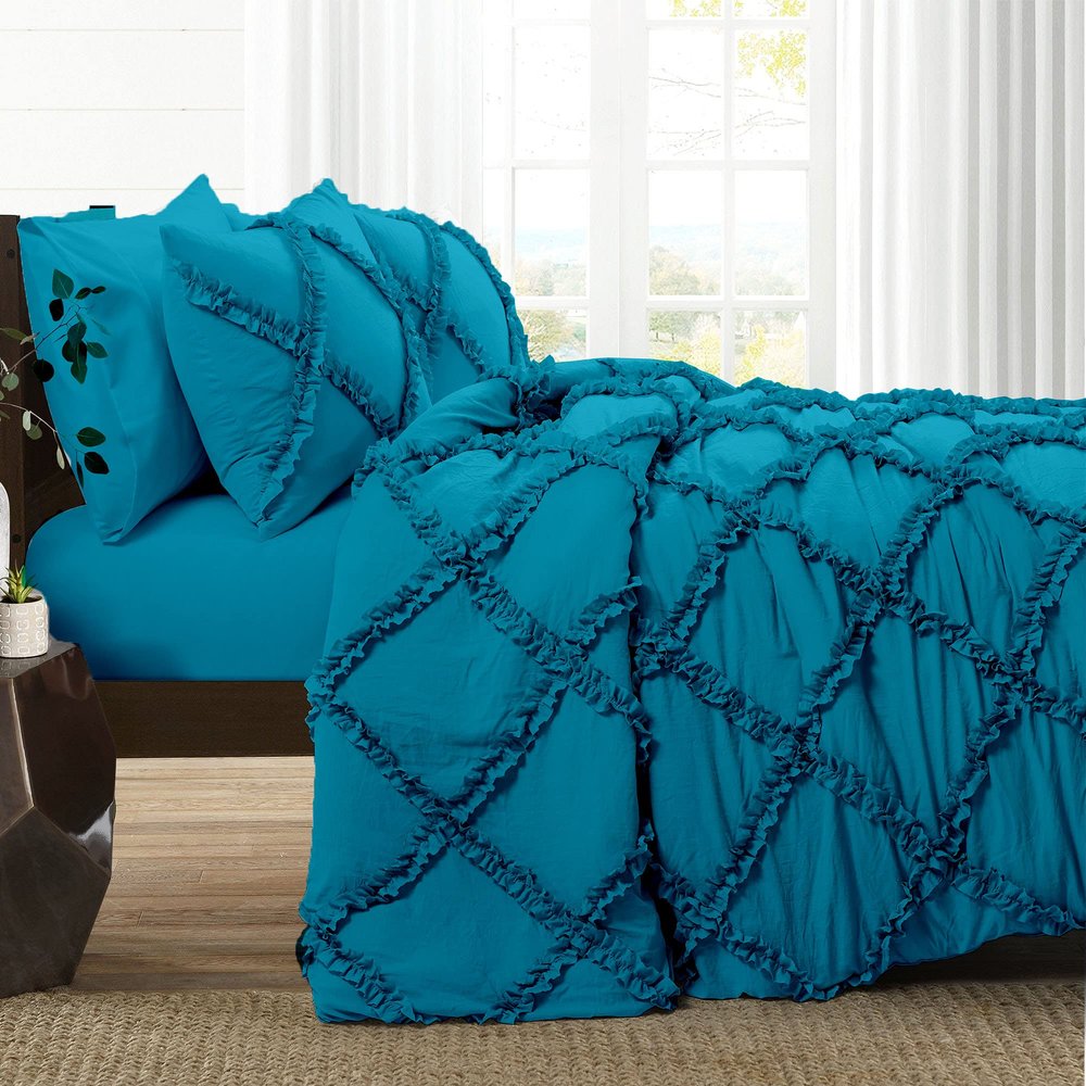 3 Piece Cross Diamond Ruffle Duvet Cover with Zipper & Corner Ties 1000 Thread Count 100% Egyptian Cotton Premium Hotel Class Decorative Bedding Quality (Oversized King 120" x 98", Torquise Blue)