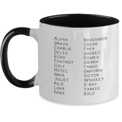 Alphabet Mug, Alphabet Phonetic Aviation, Best Novelty Gifts Ideas for Military Police Armed Forces Officers, Two Toned Coffee Mug