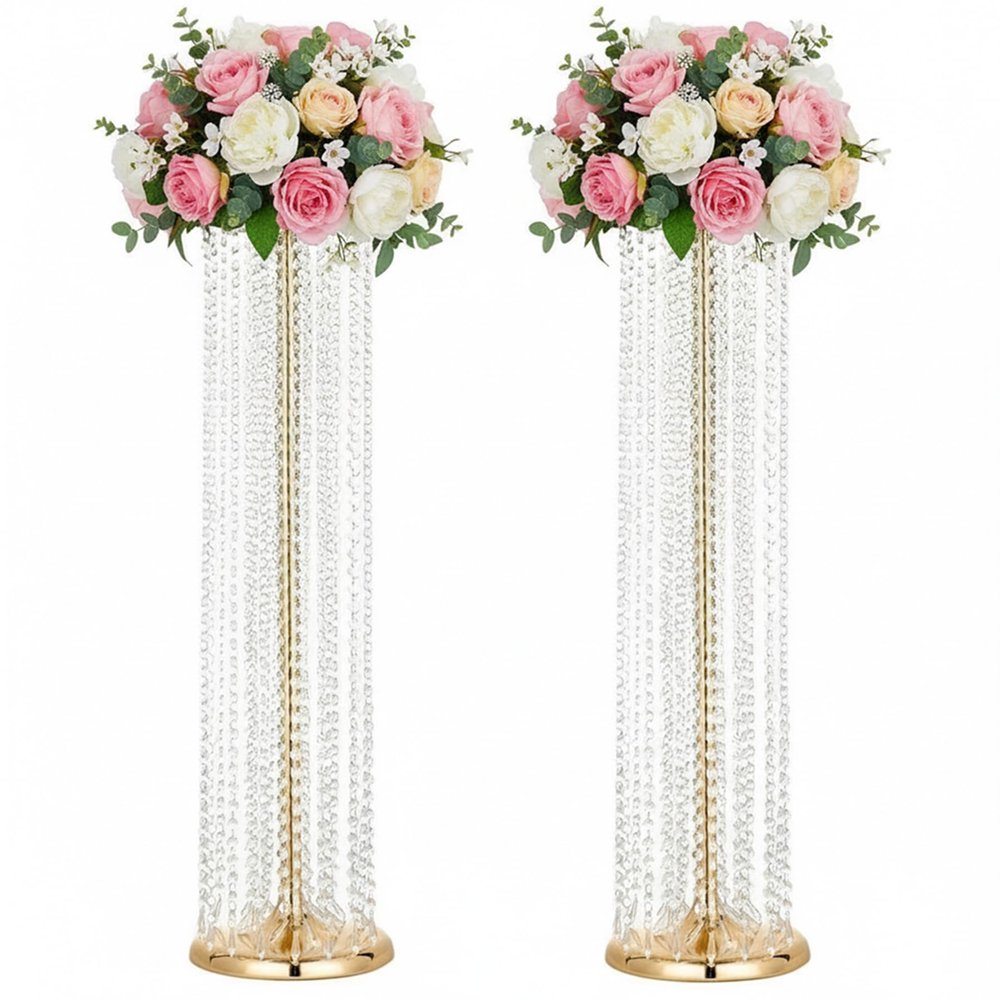 35.4in Tall Metal Wedding Vases for Centerpieces: Set of 2 Flower Stands with Acrylic Crystals, Elegant Table Centerpiece Chandelier Stands for Birthday Party Dinner Event Christmas Wedding Home Dcor
