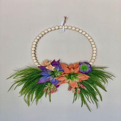 Large Faux Succulent Wreath with Full Wooden Bead Base with Beads Being Whole Beads on Metal Ring - Diameter 18 inches, Full Width 28 Inches