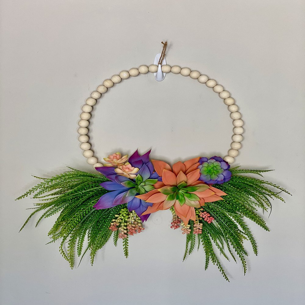 Large Faux Succulent Wreath with Full Wooden Bead Base with Beads Being Whole Beads on Metal Ring - Diameter 18 inches, Full Width 28 Inches