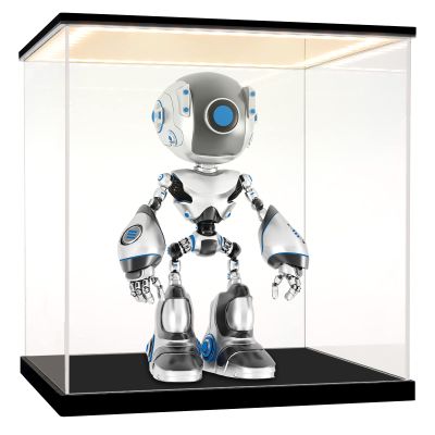 LASOA Acrylic Display Case for Collectibles with LED Light, Alternative Glass Display Box with Black Base and Lid, Self-Assembly Clear Storage Showcase for Memorabilia (9.8x7.9x9.8inch;25x20x25cm)