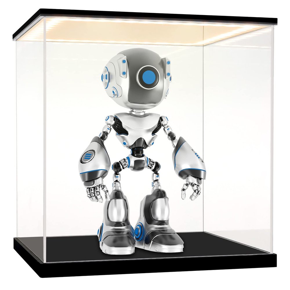 LASOA Acrylic Display Case for Collectibles with LED Light, Alternative Glass Display Box with Black Base and Lid, Self-Assembly Clear Storage Showcase for Memorabilia (9.8x7.9x9.8inch;25x20x25cm)