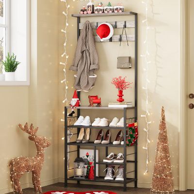 GiftGo Vintage Large 5-Tier Hall Tree with Console Table Entryway Coat Rack Floor Standing Shoes Rack Storage Shelf Organizer for Home Office Bedroom (Greige)