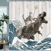 Boziqr Funny Cat Shower Curtain, Cool Cat Dinosaur Japanese Ocean Wave Decor Fabric Bathroom Curtains, Kids Children Rustic Wooden Farmhouse Shower Curtain, 70X70 Inches view 1